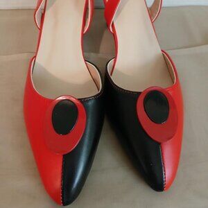 Red, Black and White Slingback shoes with Strap, Red/Black Oval Ornament